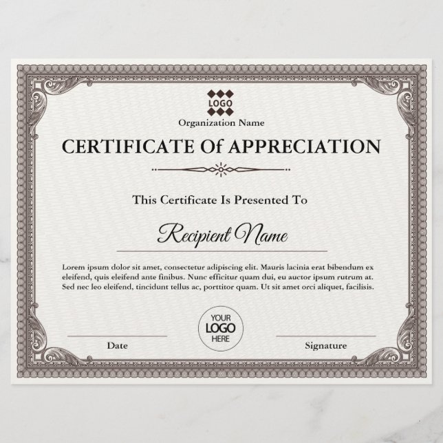 Certificate of Appreciation Customisable Award (Front)