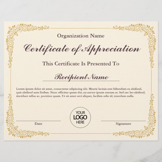 Certificate of Appreciation Customisable Award (Front)