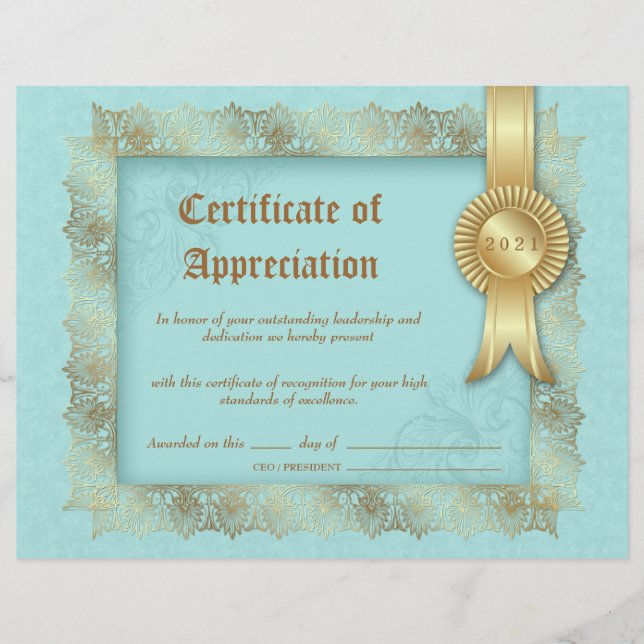 Certificate of Appreciation Diploma Gold Blue (Front)