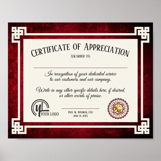 Certificate of appreciation employee volunteer poster (Front)