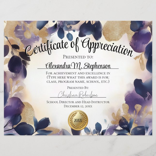 Certificate of Appreciation Gold Floral Watercolor (Front)
