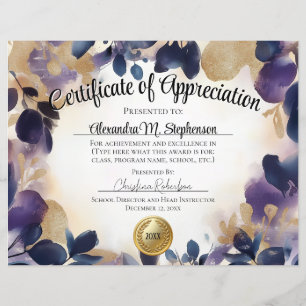 Certificate of Appreciation Gold Floral Watercolor