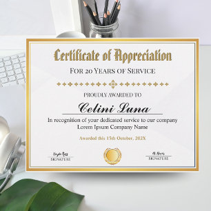 Certificate of Appreciation - Gold Frame Work