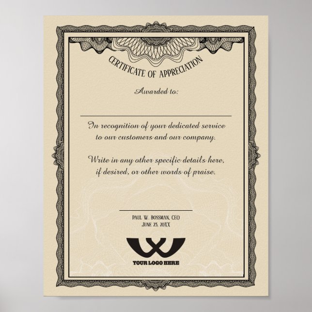 Certificate of appreciation staff employee award poster (Front)