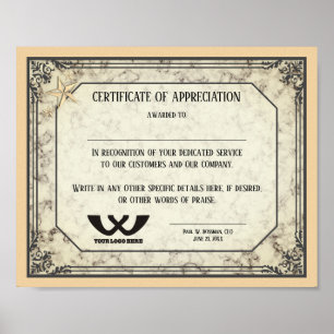 Certificate of appreciation staff employee award poster