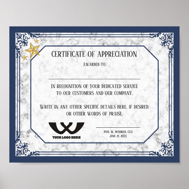 Certificate of appreciation staff employee award poster (Front)