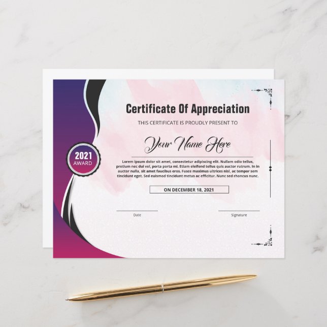 Certificate of appreciation template (Front/Back In Situ)
