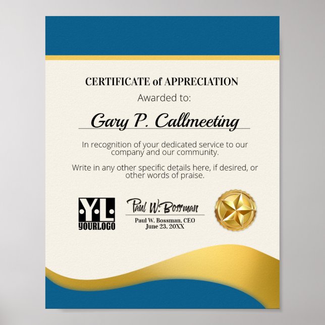 Certificate of appreciation volunteer employee pos poster (Front)