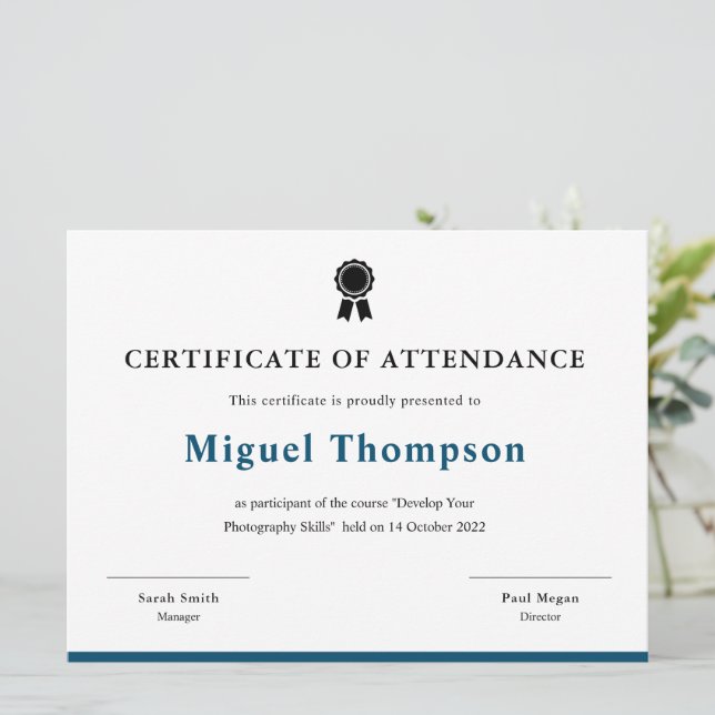 Certificate of attendance formal participant  card (Standing Front)