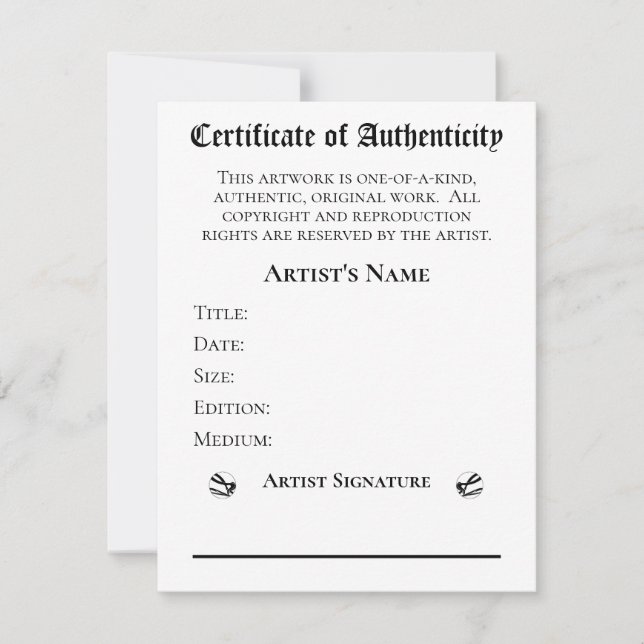 Certificate of Authenticity Artists  Art Retailers Invitation (Front)