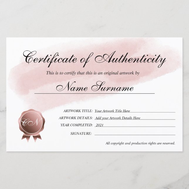 Certificate of Authenticity Artwork by (Front)