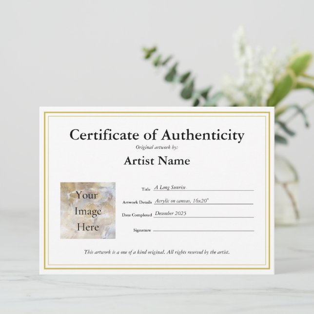 Certificate of Authenticity Fill In Template (Standing Front)