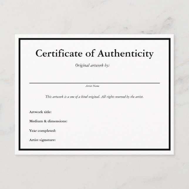 Certificate of Authenticity for Art Postcard (Front)