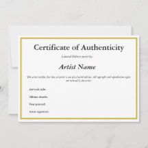 Certificate of Authenticity for Art Prints