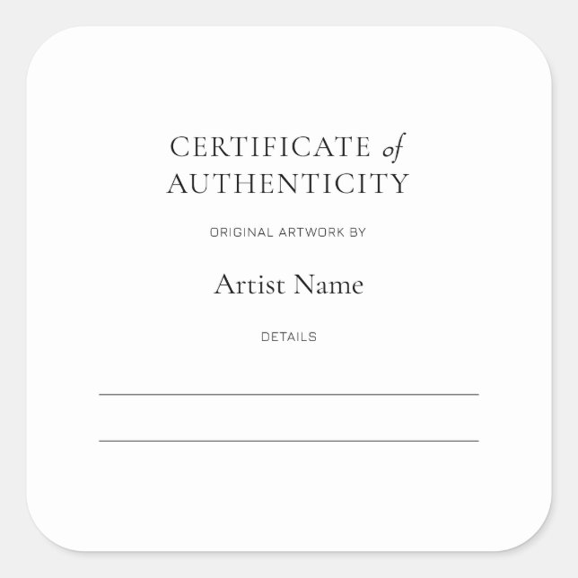 Certificate of Authenticity for Art Sticker (Front)