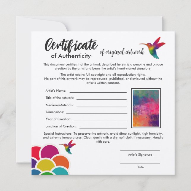 Certificate of Authenticity for Original Artwork Card (Front)