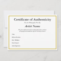 Certificate of Authenticity for Photography