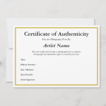 Certificate of Authenticity for Photography
