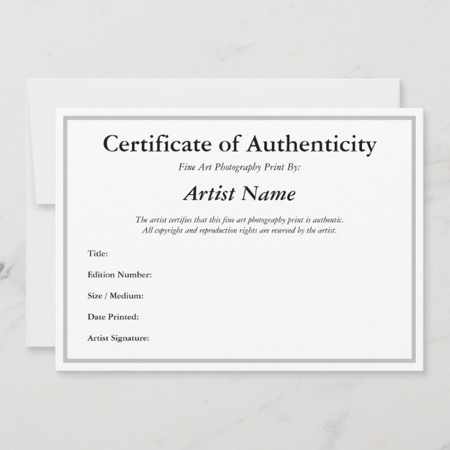 Certificate of Authenticity for Photography Silver Invitation (Front)