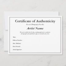 Certificate of Authenticity for Photography Silver