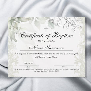 Certificate of Baptism, Baby Dedication