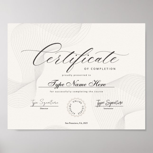 Certificate of completion, achievement, diploma poster (Front)