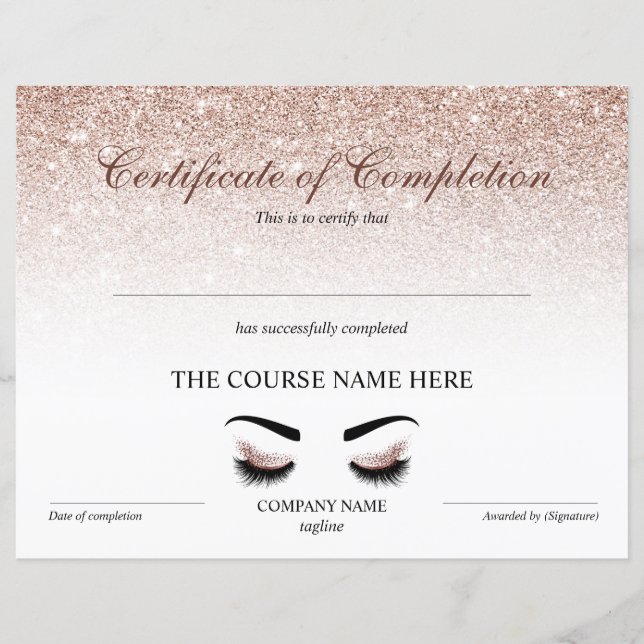 Certificate of Completion Award Brows Lash Course (Front)