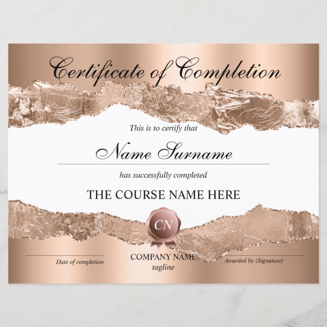 Certificate of Completion Award Course Completion (Front)