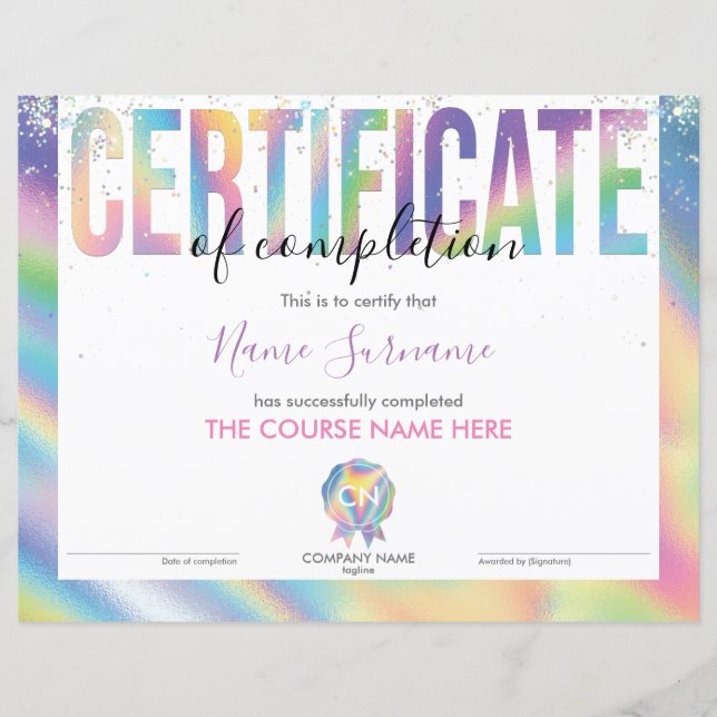 Certificate of Completion Award Course Completion (Front)