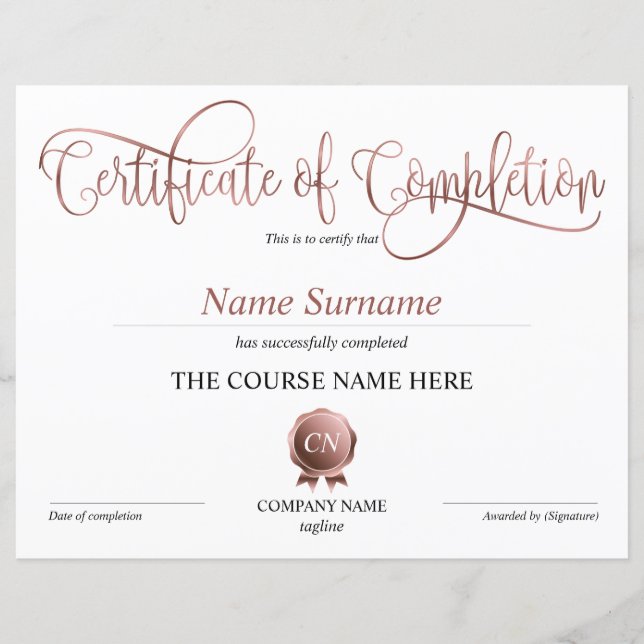 Certificate of Completion Award Course Completion (Front)