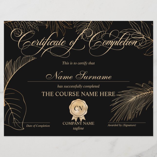 Certificate of Completion Award Course Completion (Front)