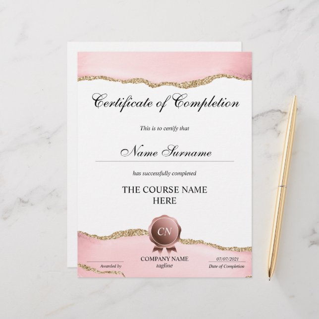 Certificate of Completion Award Course Completion (Front/Back In Situ)