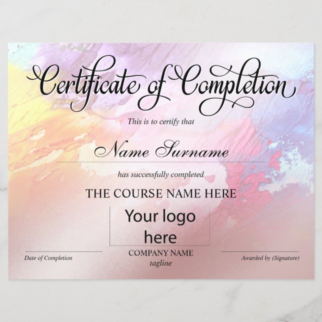 Certificate of Completion Award Course Completion (Front)