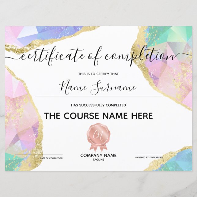 Certificate of Completion Award Course Completion  (Front)