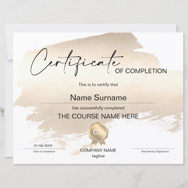 Certificate of Completion Award Course Completion (Front)