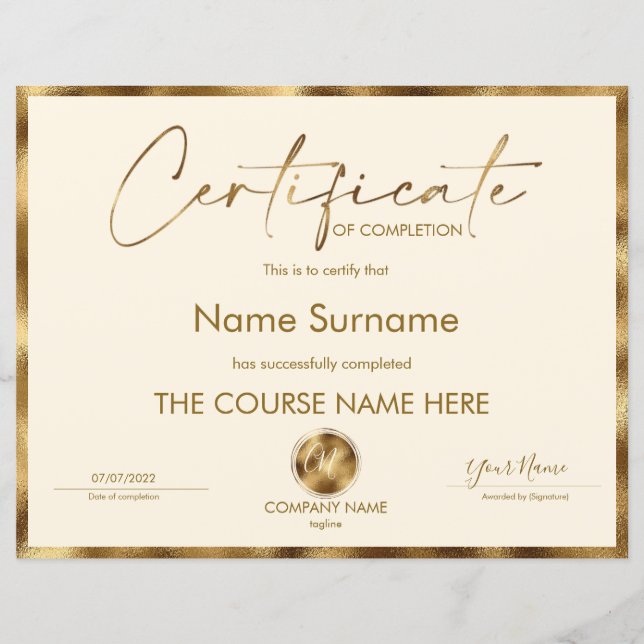 Certificate of Completion Award Course Completion  (Front)