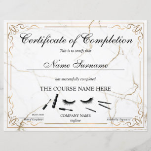 Certificate of Completion Award lashes Course