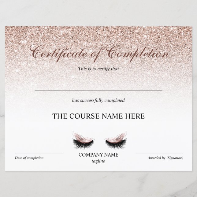 Certificate of Completion Award lashes Course (Front)