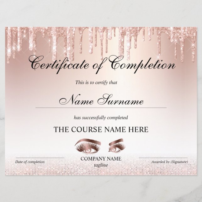 Certificate of Completion Award lashes Course (Front)