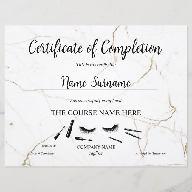 Certificate of Completion Award lashes Course (Front)