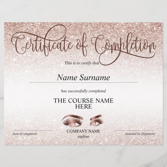 Certificate of Completion Award lashes Course (Front)