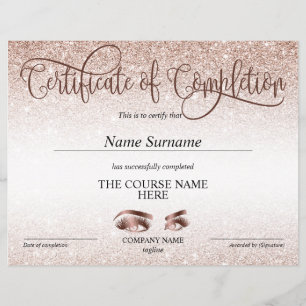 Certificate of Completion Award lashes Course