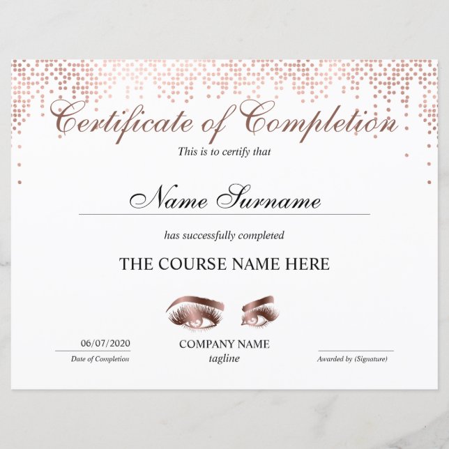 Certificate of Completion Award lashes Course (Front)