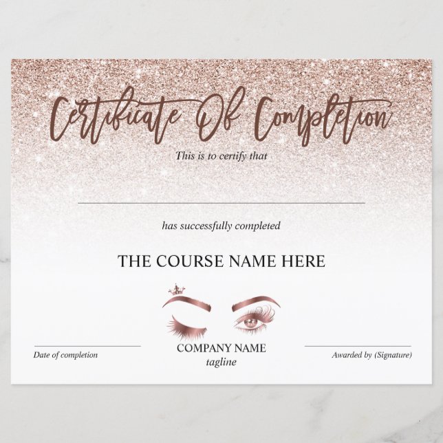 Certificate of Completion Award lashes Course (Front)