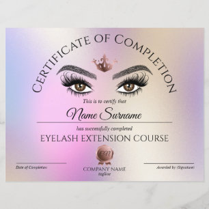 Certificate of Completion Award lashes Course