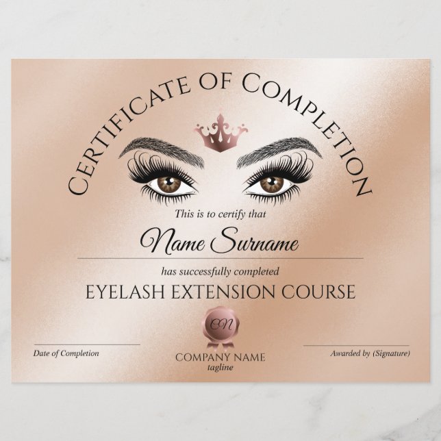 Certificate of Completion Award lashes Course (Front)