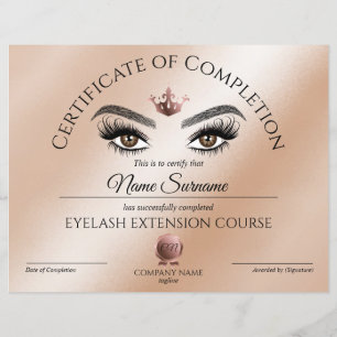 Certificate of Completion Award lashes Course