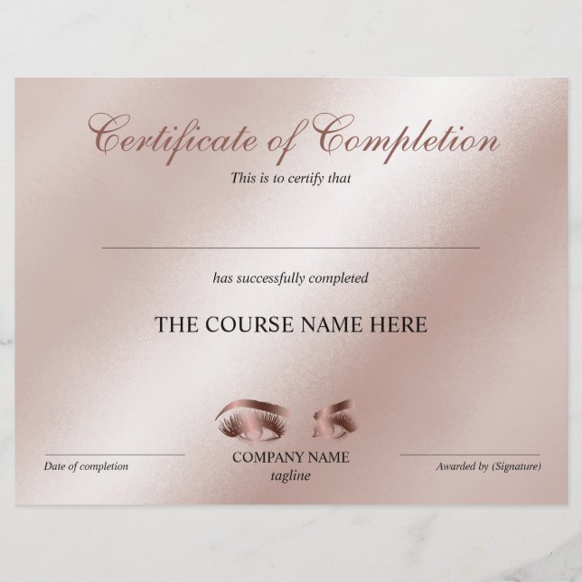 Certificate of Completion Award lashes Course (Front)