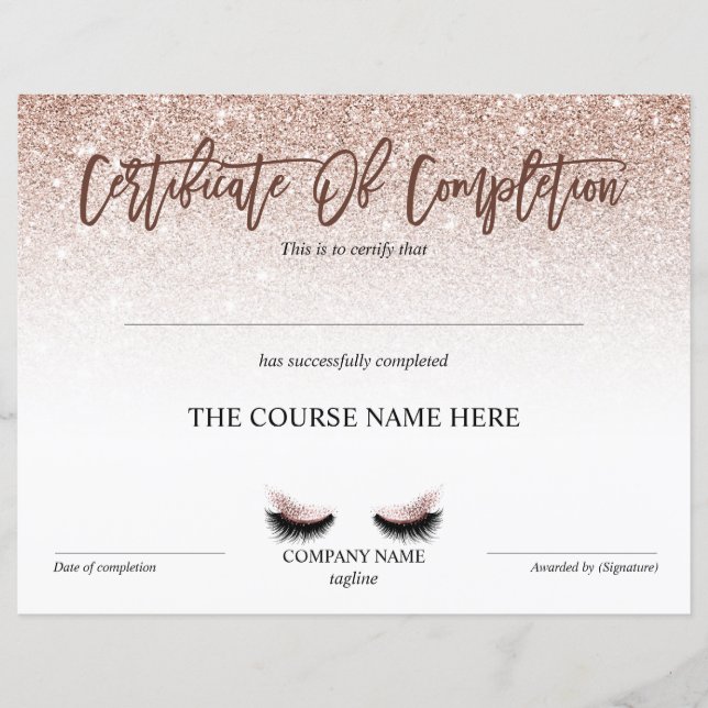 Certificate of Completion Award lashes Course (Front)