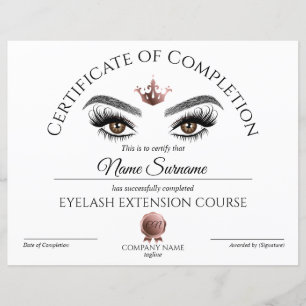 Certificate of Completion Award lashes Course